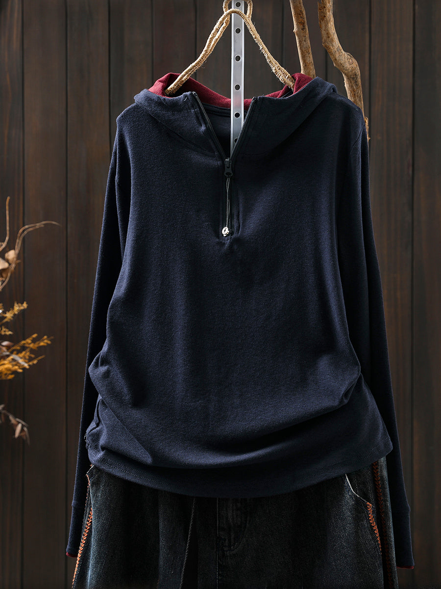 Women Autumn Casual Colorblock Hooded Cotton Blouse