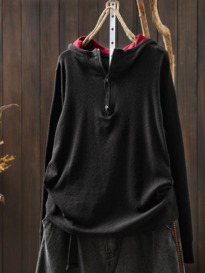 Women Autumn Casual Colorblock Hooded Cotton Blouse