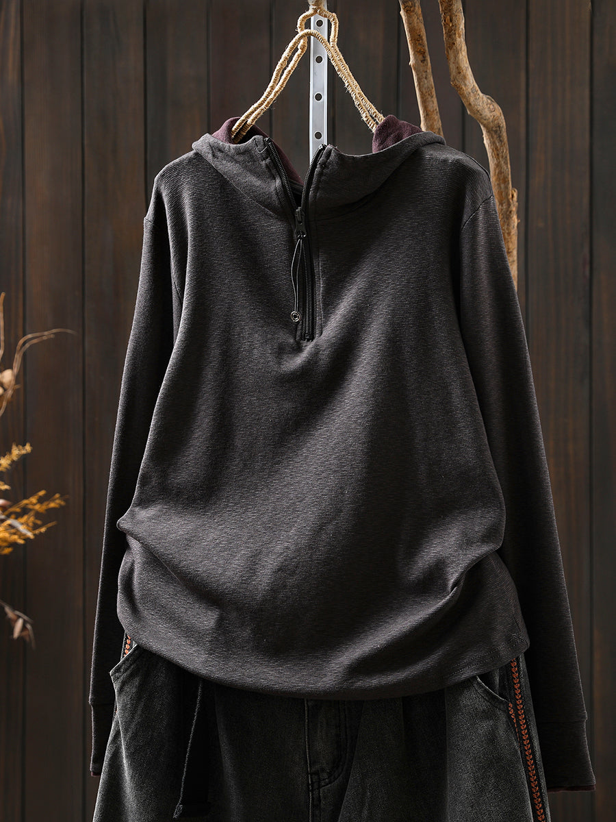 Women Autumn Casual Colorblock Hooded Cotton Blouse