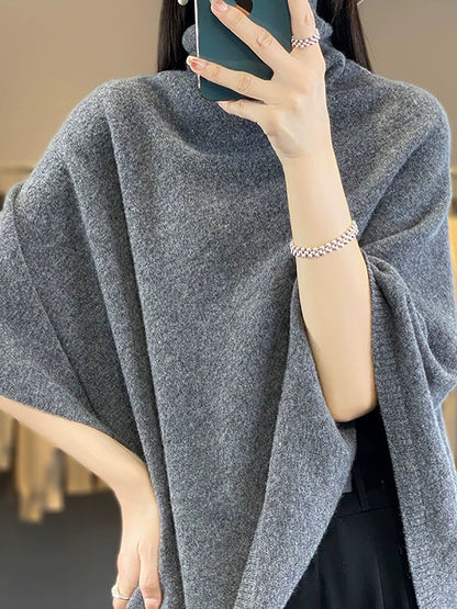 Women Artsy Pure Color Turtleneck Pullover Shawl Scarf