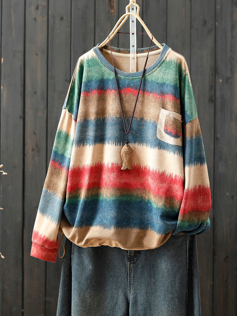 Women Autumn Artsy Colorblock Stripe O-Neck Blouse