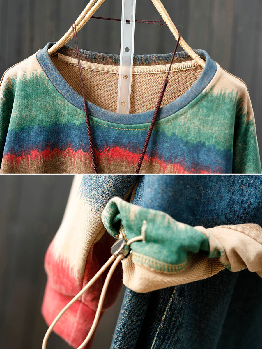 Women Autumn Artsy Colorblock Stripe O-Neck Blouse