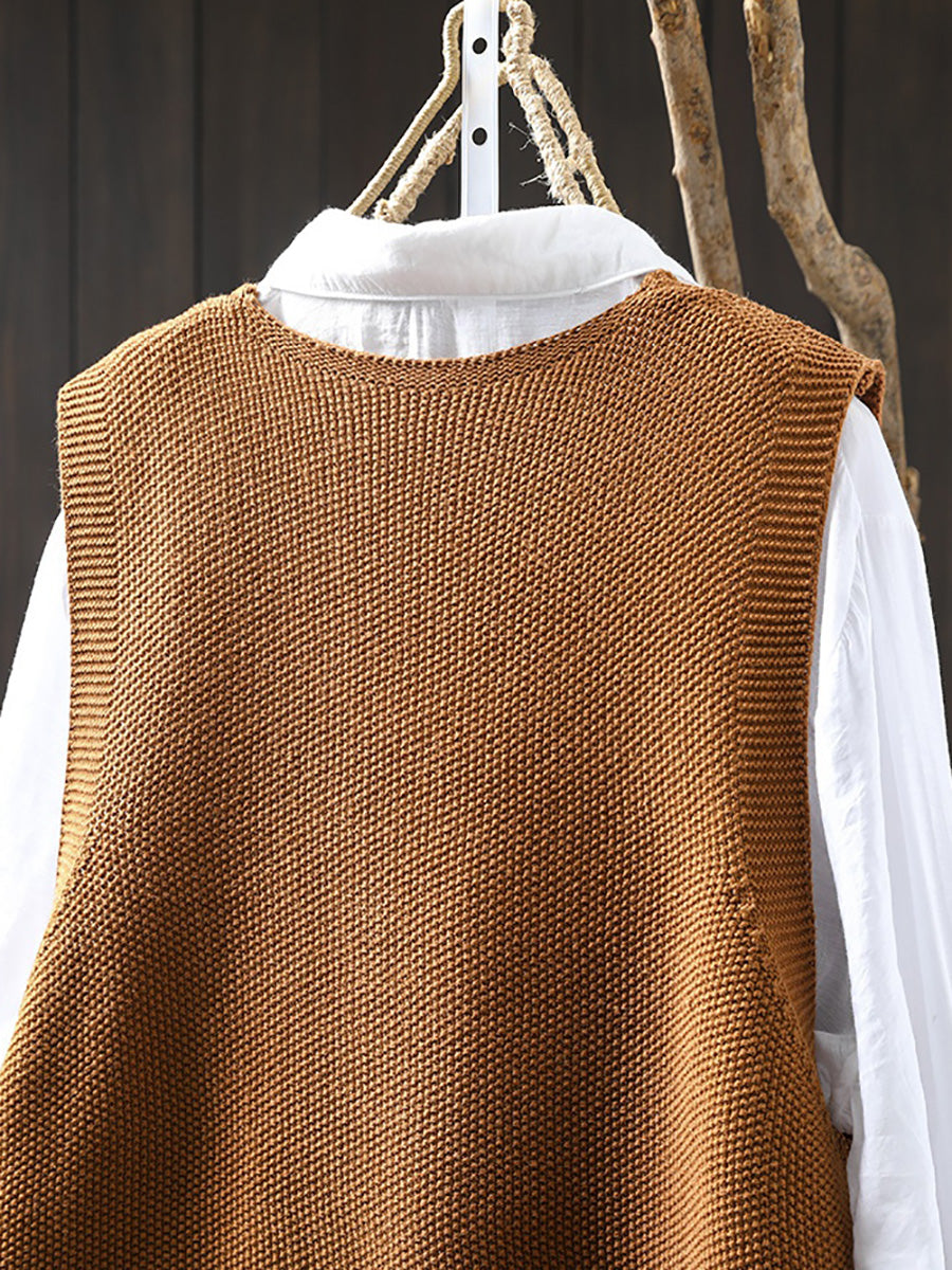 Women Autumn Artsy Pure Color V-Neck Knitted Vest