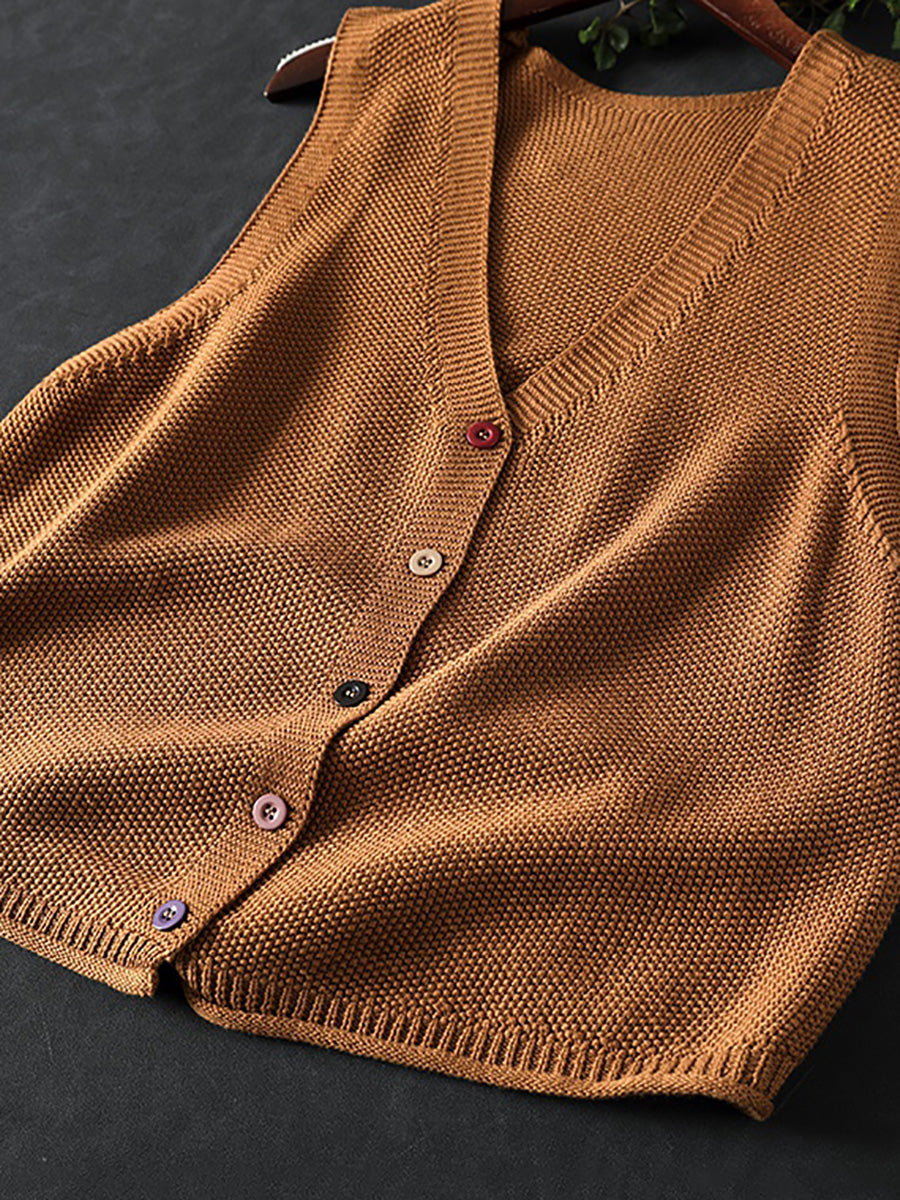 Women Autumn Artsy Pure Color V-Neck Knitted Vest