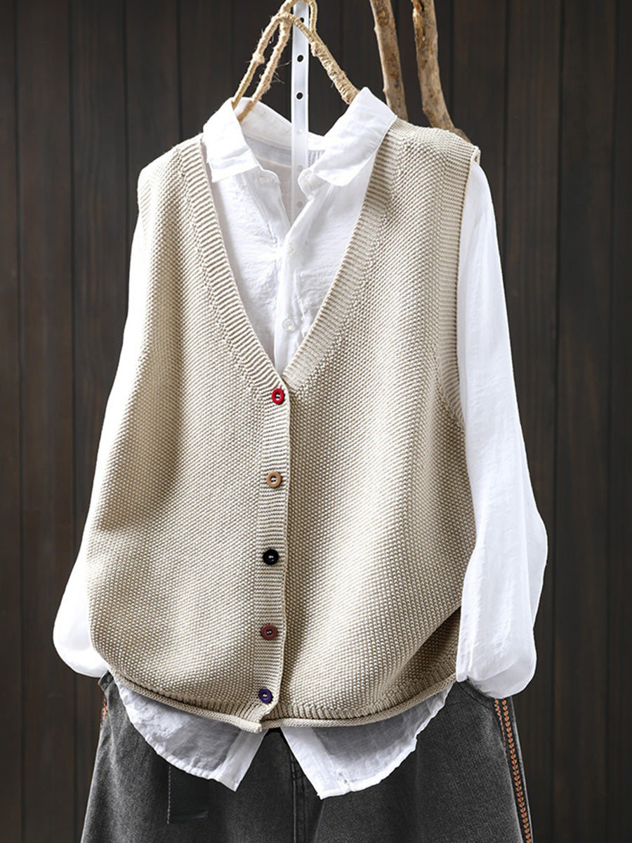Women Autumn Artsy Pure Color V-Neck Knitted Vest
