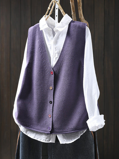 Women Autumn Artsy Pure Color V-Neck Knitted Vest