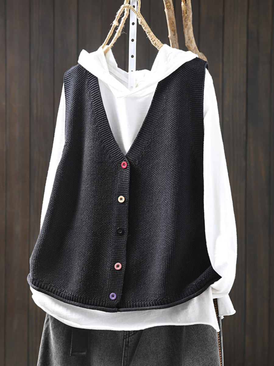 Women Autumn Artsy Pure Color V-Neck Knitted Vest