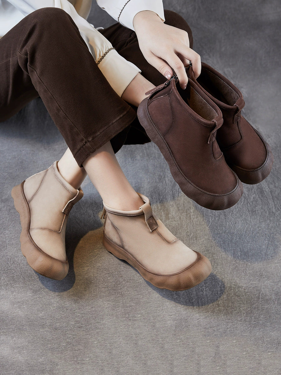 Women Winter Genuine Leather Back Zipper Flat Boots