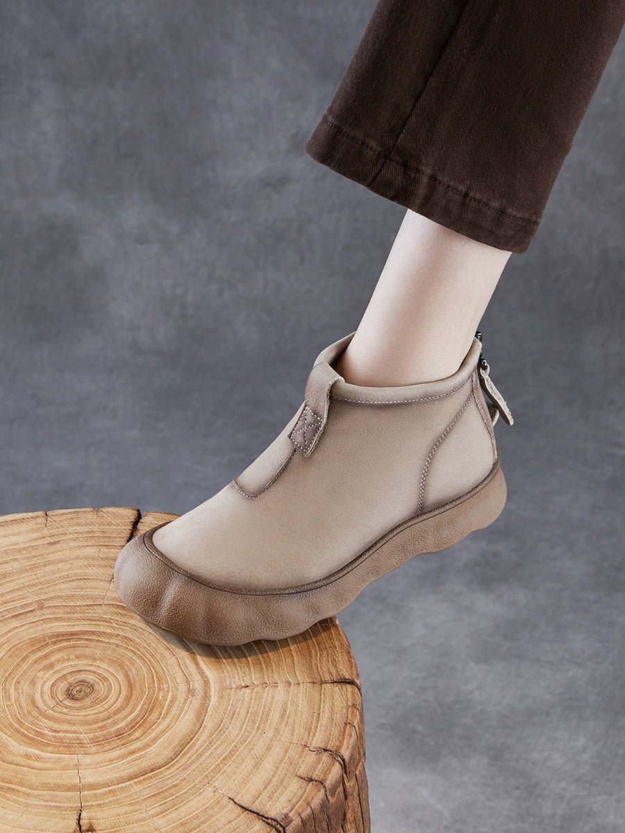 Women Winter Genuine Leather Back Zipper Flat Boots