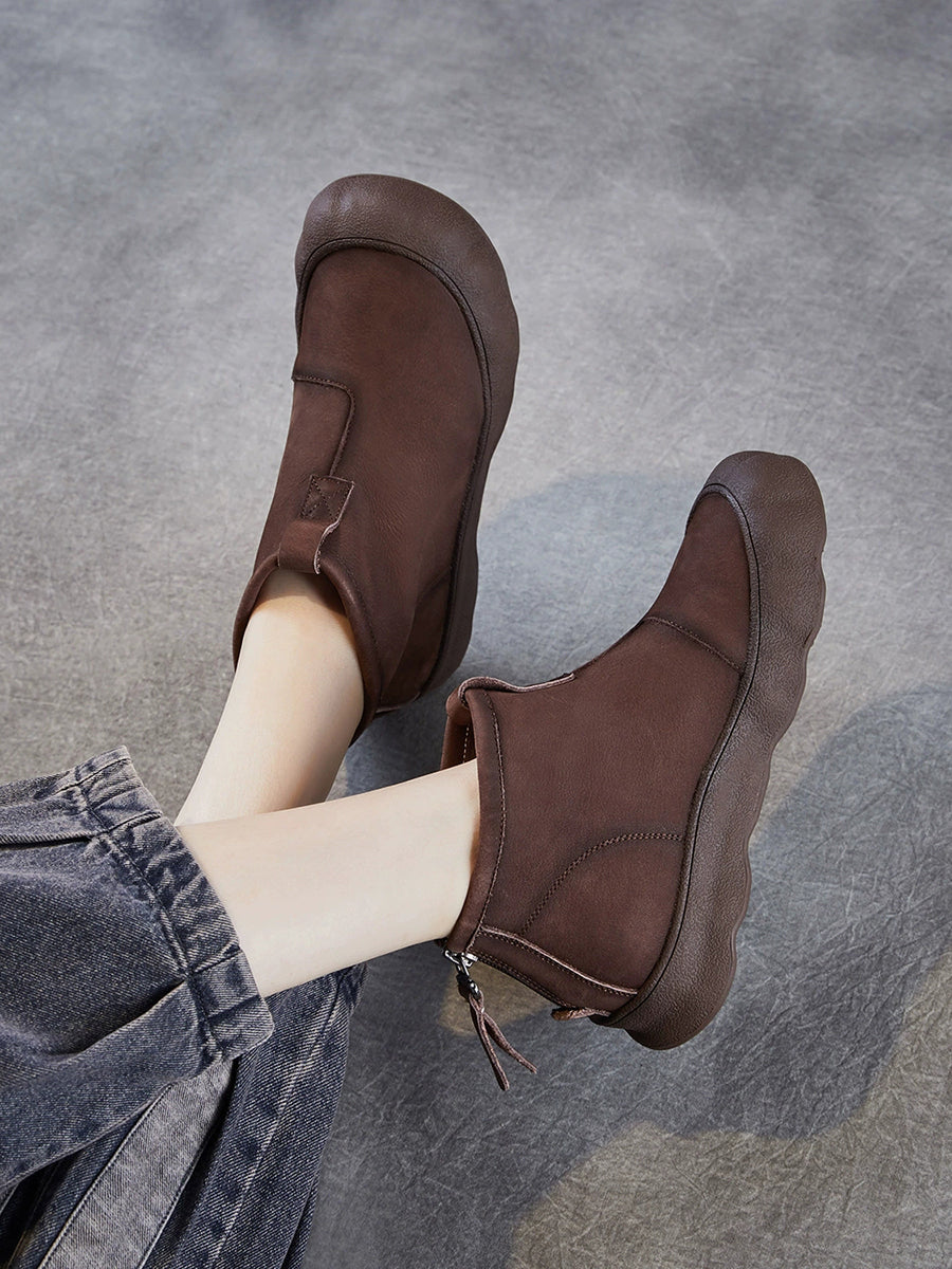 Women Winter Genuine Leather Back Zipper Flat Boots