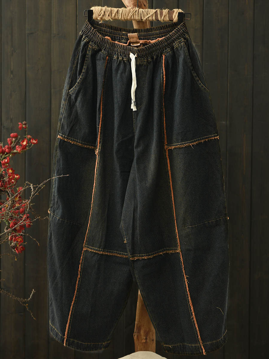 Women Autumn Retro Denim Spliced Harem Pants