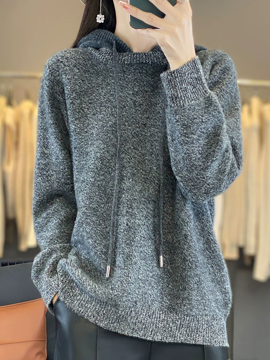 Women Autumn Pure Color 100%Wool Hooded Sweater