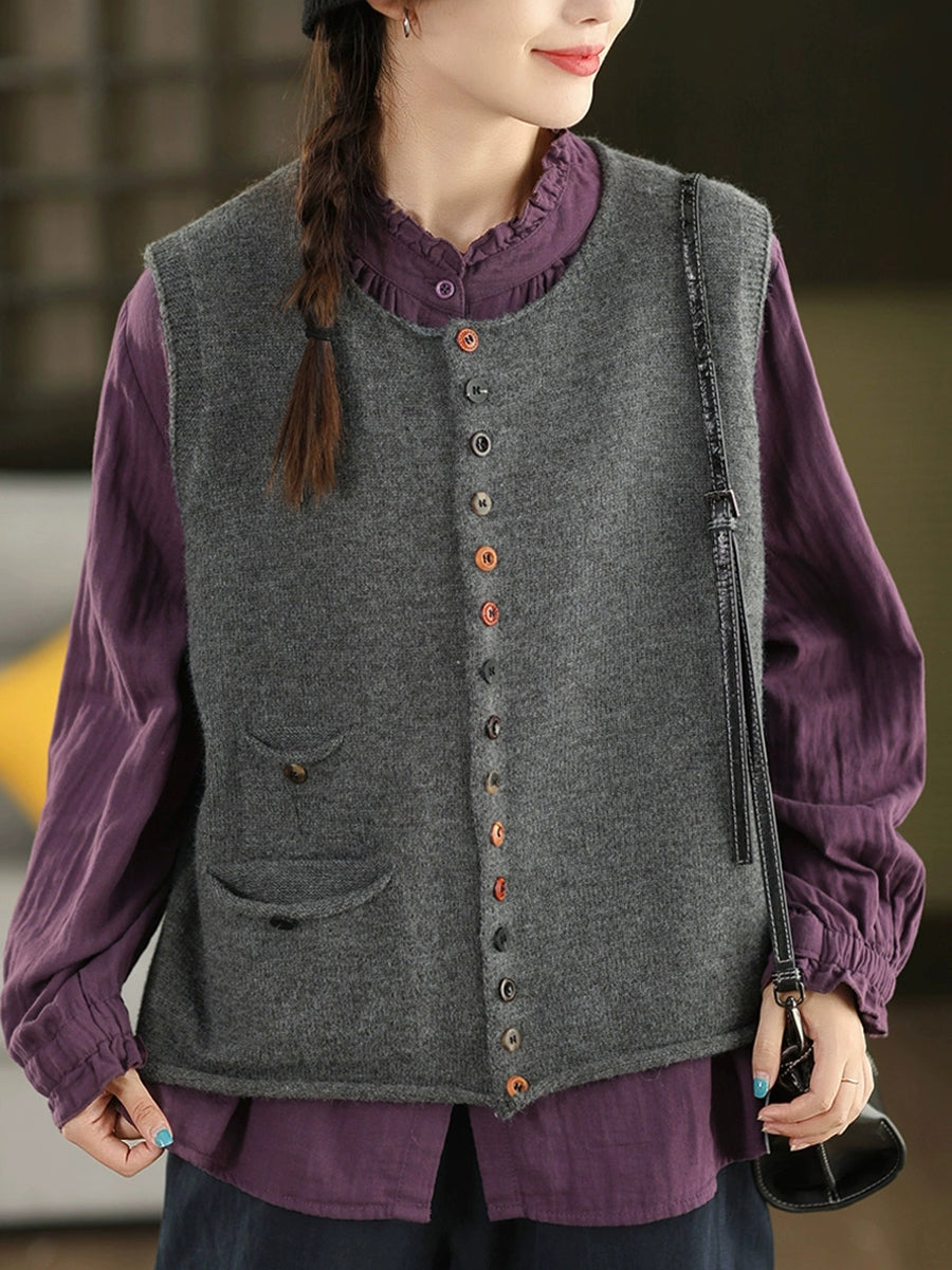 Women Autumn Artsy Pure Color O-Neck Knitted Vest
