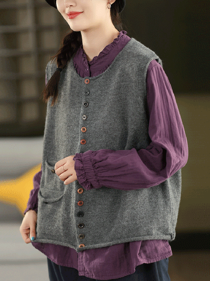 Women Autumn Artsy Pure Color O-Neck Knitted Vest