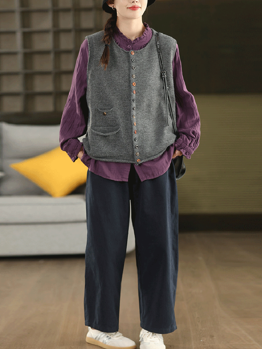 Women Autumn Artsy Pure Color O-Neck Knitted Vest