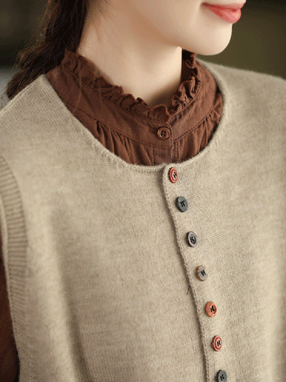 Women Autumn Artsy Pure Color O-Neck Knitted Vest