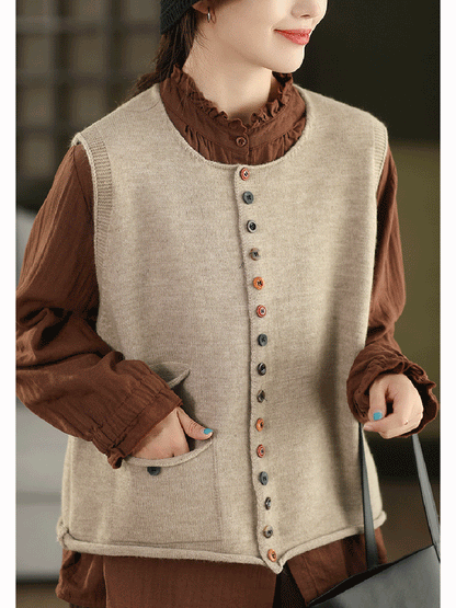 Women Autumn Artsy Pure Color O-Neck Knitted Vest