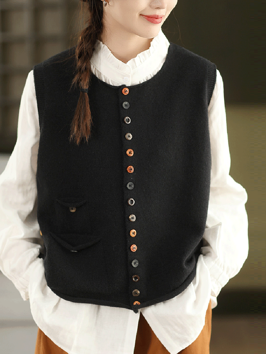 Women Autumn Artsy Pure Color O-Neck Knitted Vest