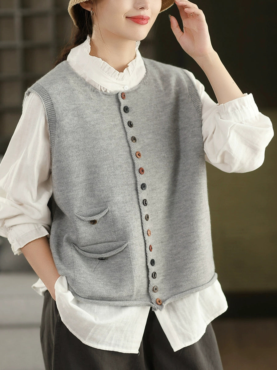 Women Autumn Artsy Pure Color O-Neck Knitted Vest