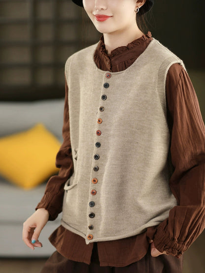 Women Autumn Artsy Pure Color O-Neck Knitted Vest