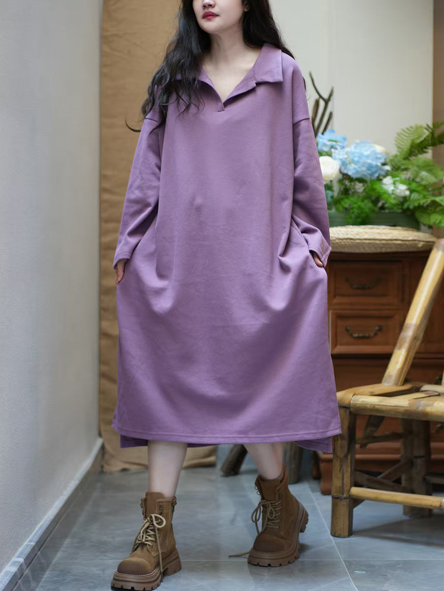 Women Autumn Pure Color Turn-down Collar Cotton Dress