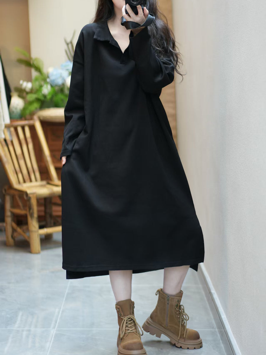Women Autumn Pure Color Turn-down Collar Cotton Dress