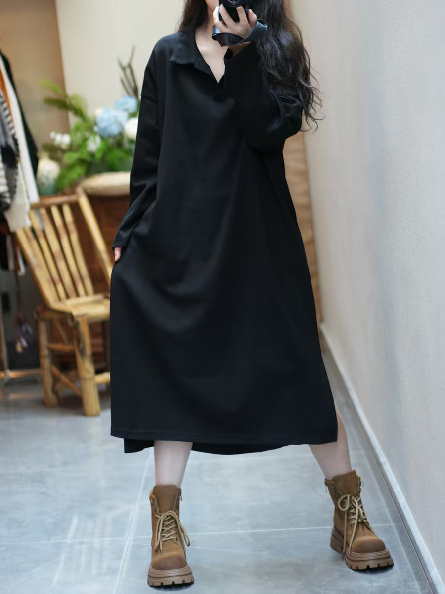 Women Autumn Pure Color Turn-down Collar Cotton Dress