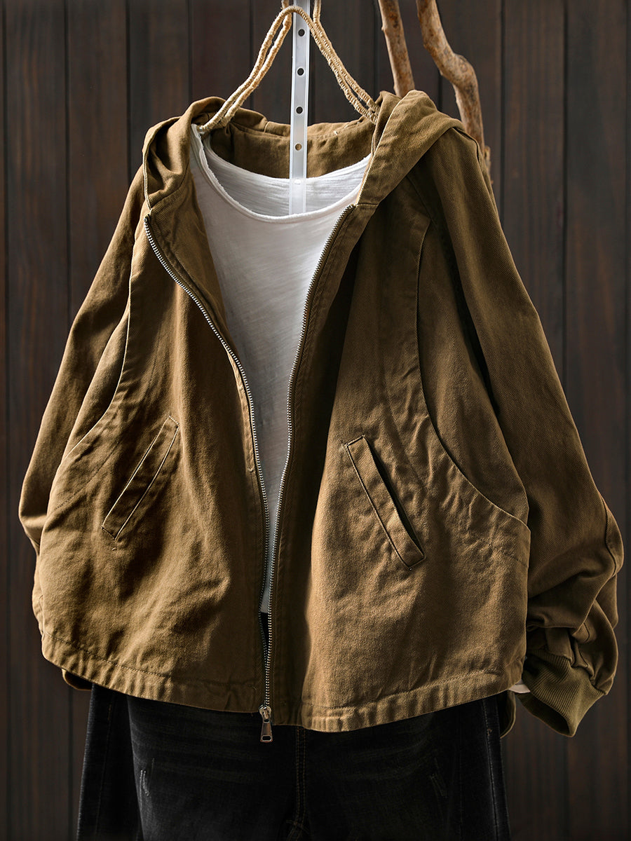 Women Autumn Casual Pure Color Hooded Cotton Coat