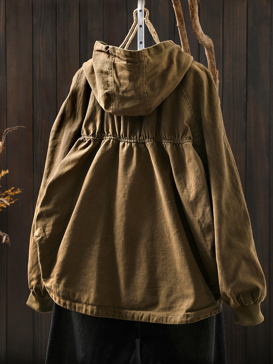 Women Autumn Casual Pure Color Hooded Cotton Coat