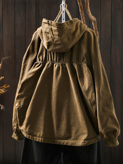 Women Autumn Casual Pure Color Hooded Cotton Coat