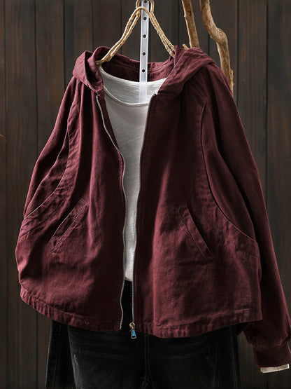Women Autumn Casual Pure Color Hooded Cotton Coat