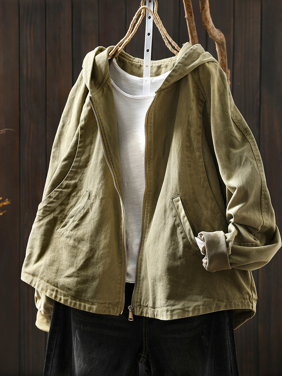 Women Autumn Casual Pure Color Hooded Cotton Coat