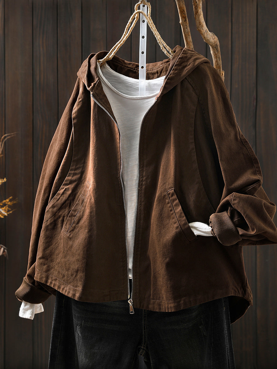Women Autumn Casual Pure Color Hooded Cotton Coat