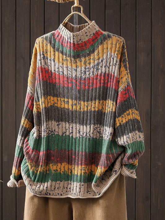 Women Autumn Colorblock Stripe Half-Turtleneck Sweater
