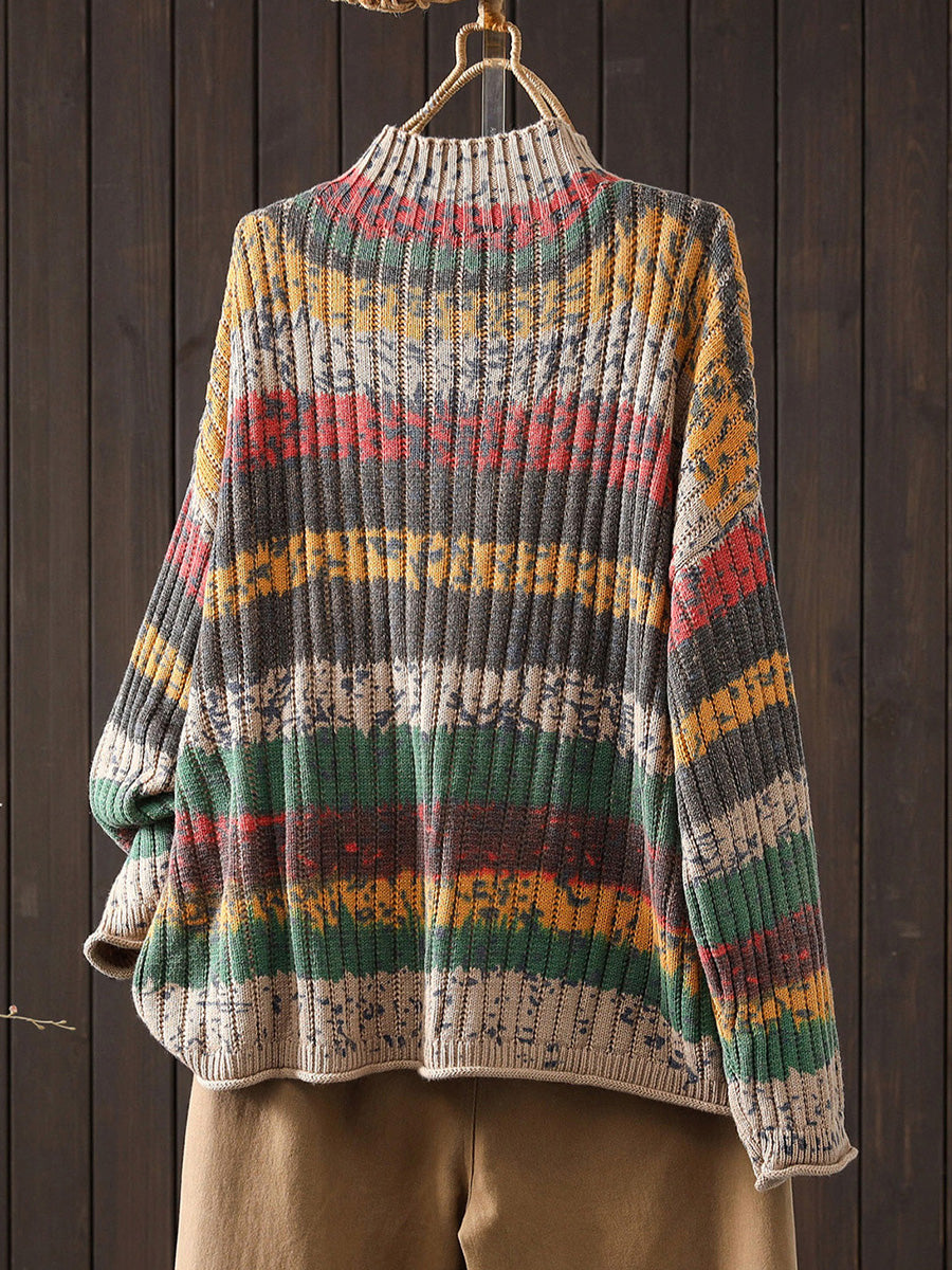 Women Autumn Colorblock Stripe Half-Turtleneck Sweater
