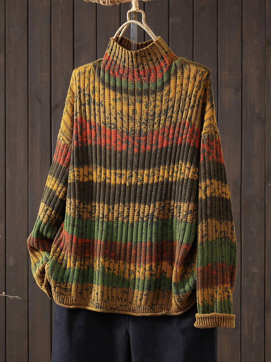 Women Autumn Colorblock Stripe Half-Turtleneck Sweater