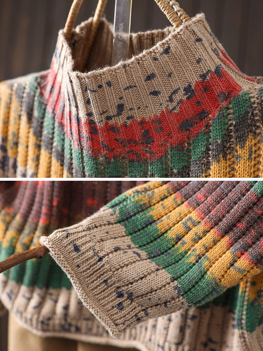 Women Autumn Colorblock Stripe Half-Turtleneck Sweater