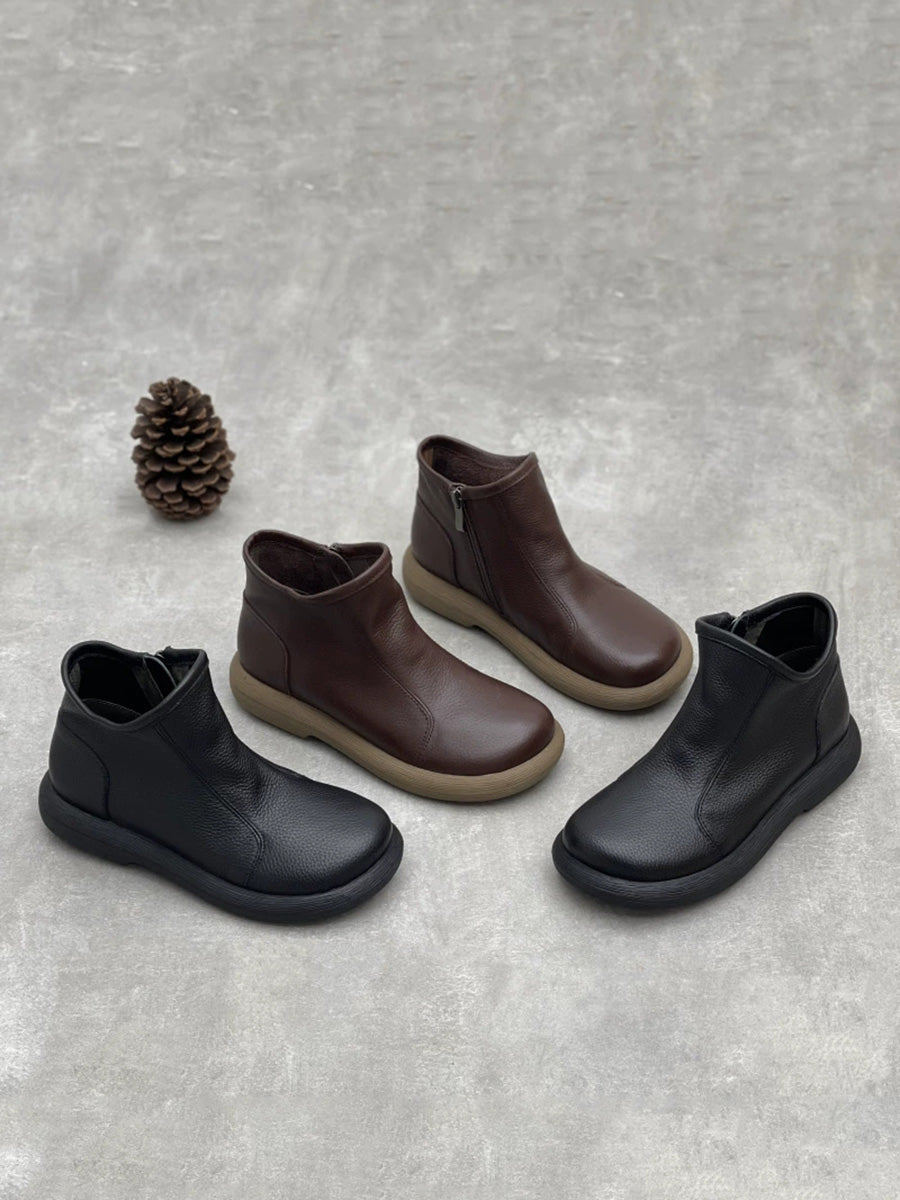 Women Winter Soft Leather Pure Color Flat Ankle Boots
