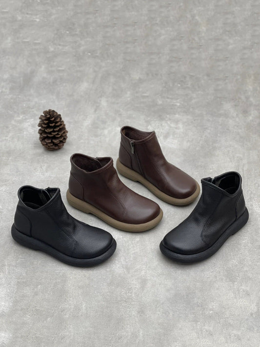 Women Winter Soft Leather Pure Color Flat Ankle Boots