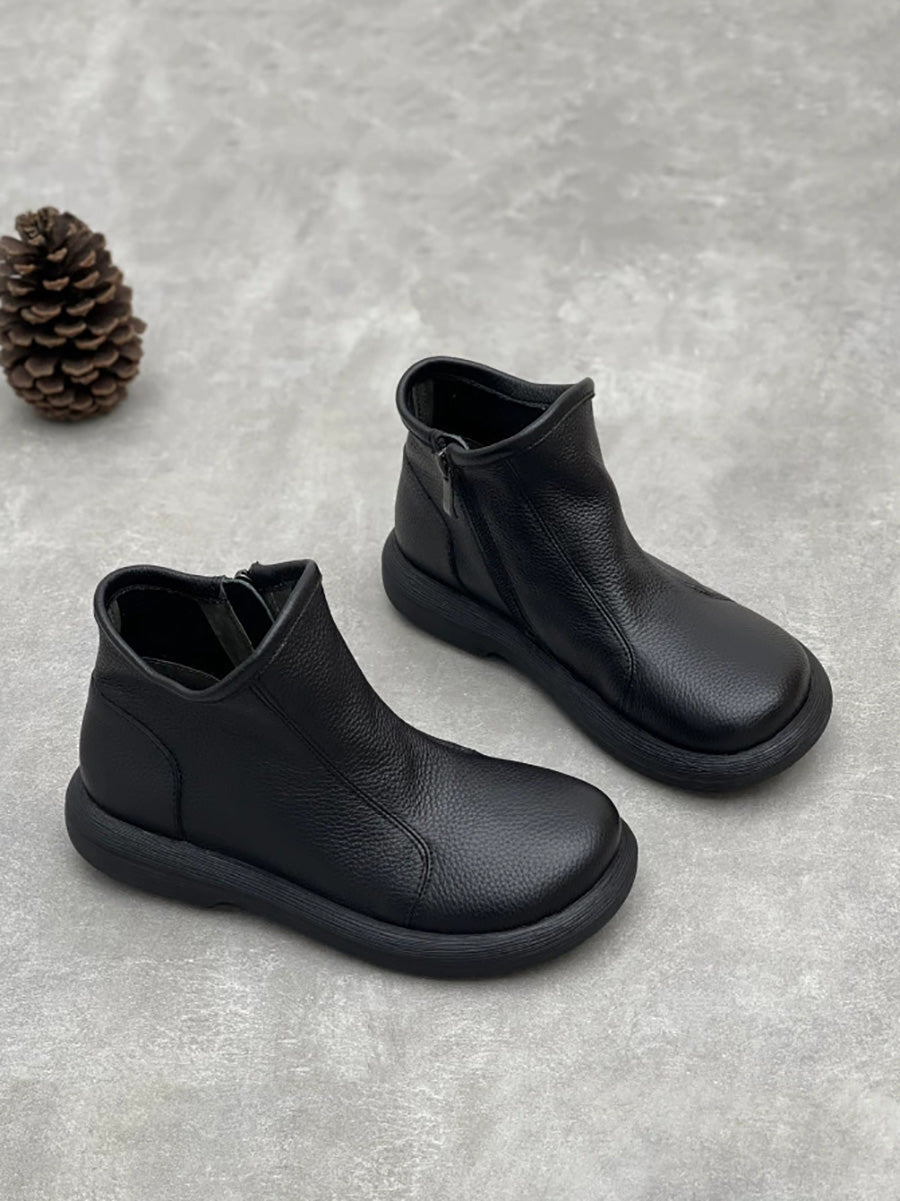 Women Winter Soft Leather Pure Color Flat Ankle Boots