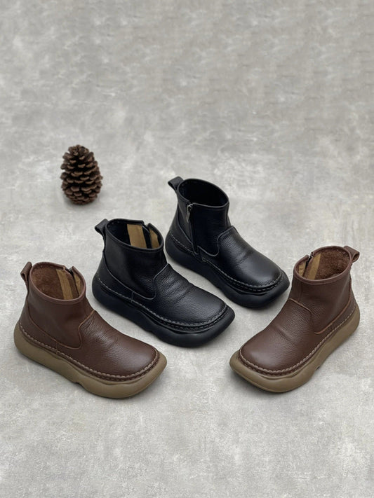 Women Winter Genuine Leather Spliced Flat Ankle Boots