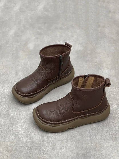 Women Winter Genuine Leather Spliced Flat Ankle Boots