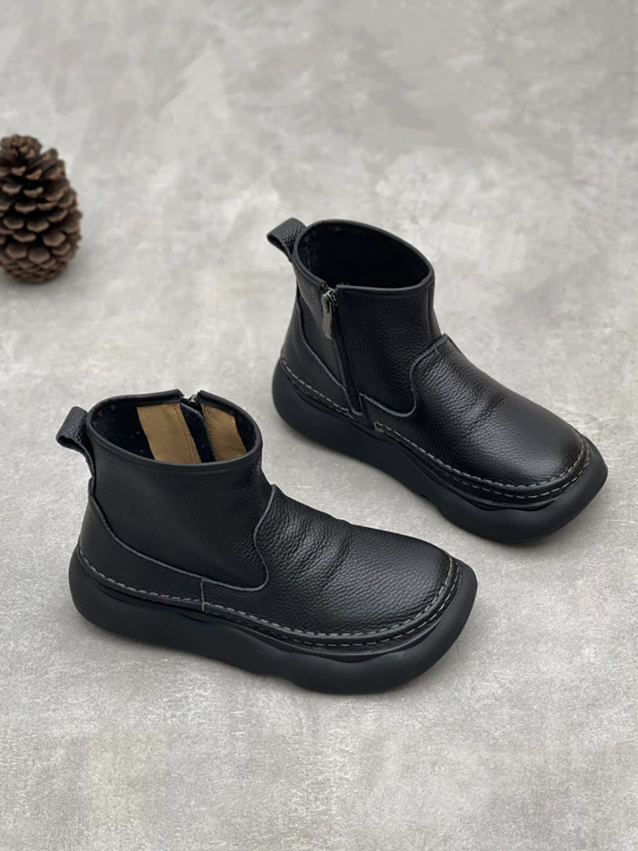 Women Winter Genuine Leather Spliced Flat Ankle Boots