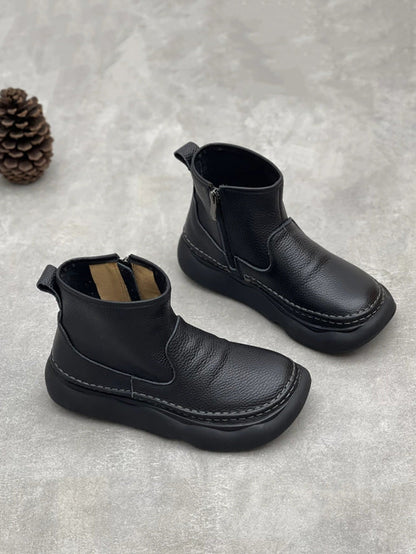 Women Winter Genuine Leather Spliced Flat Ankle Boots
