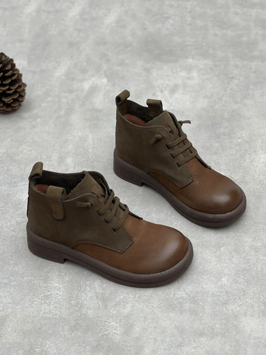 Women Retro Colorblock Leather Low Heel Boots