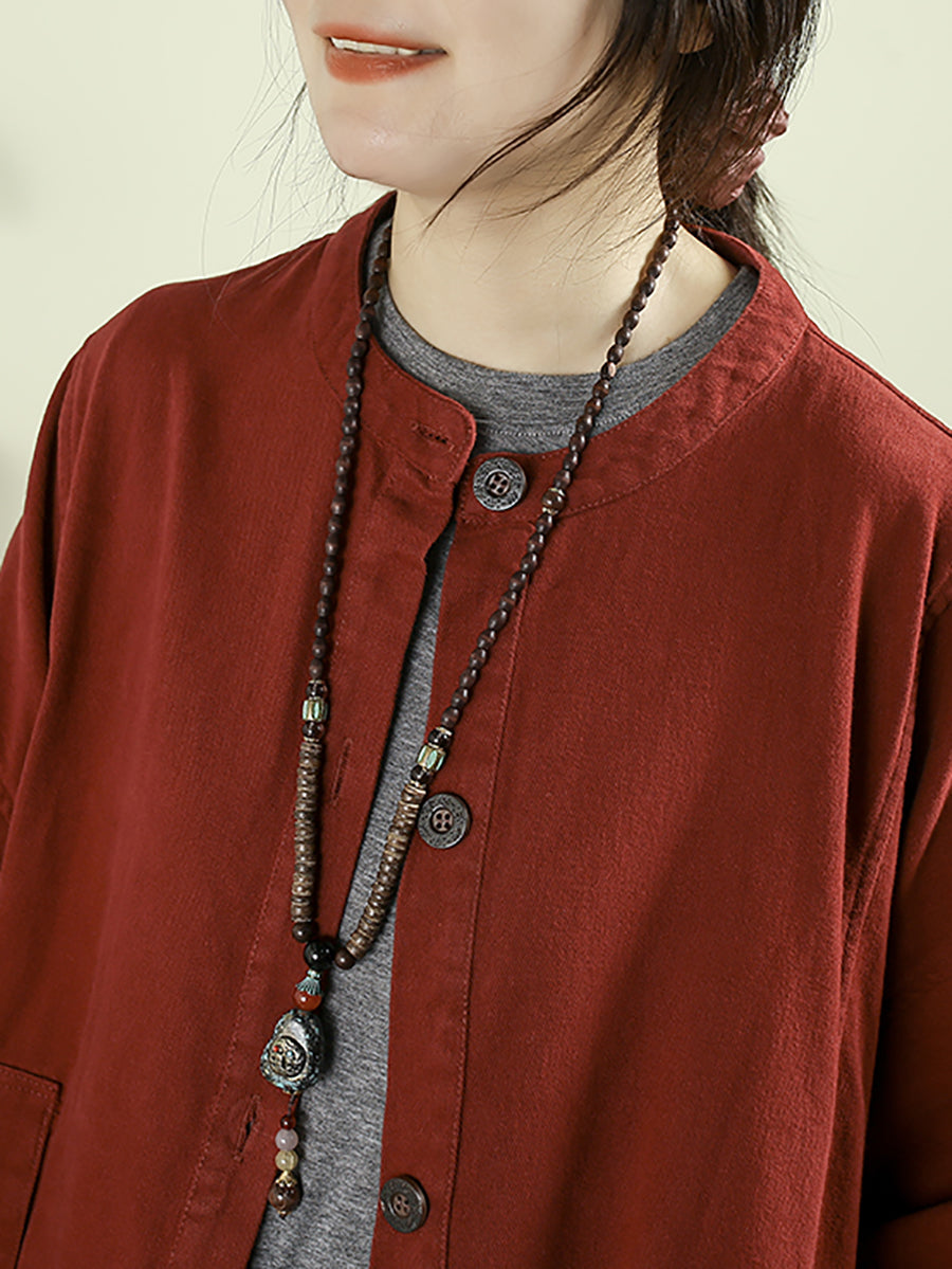 Women Autumn Pure Color O-Neck 100%Cotton Long Coat