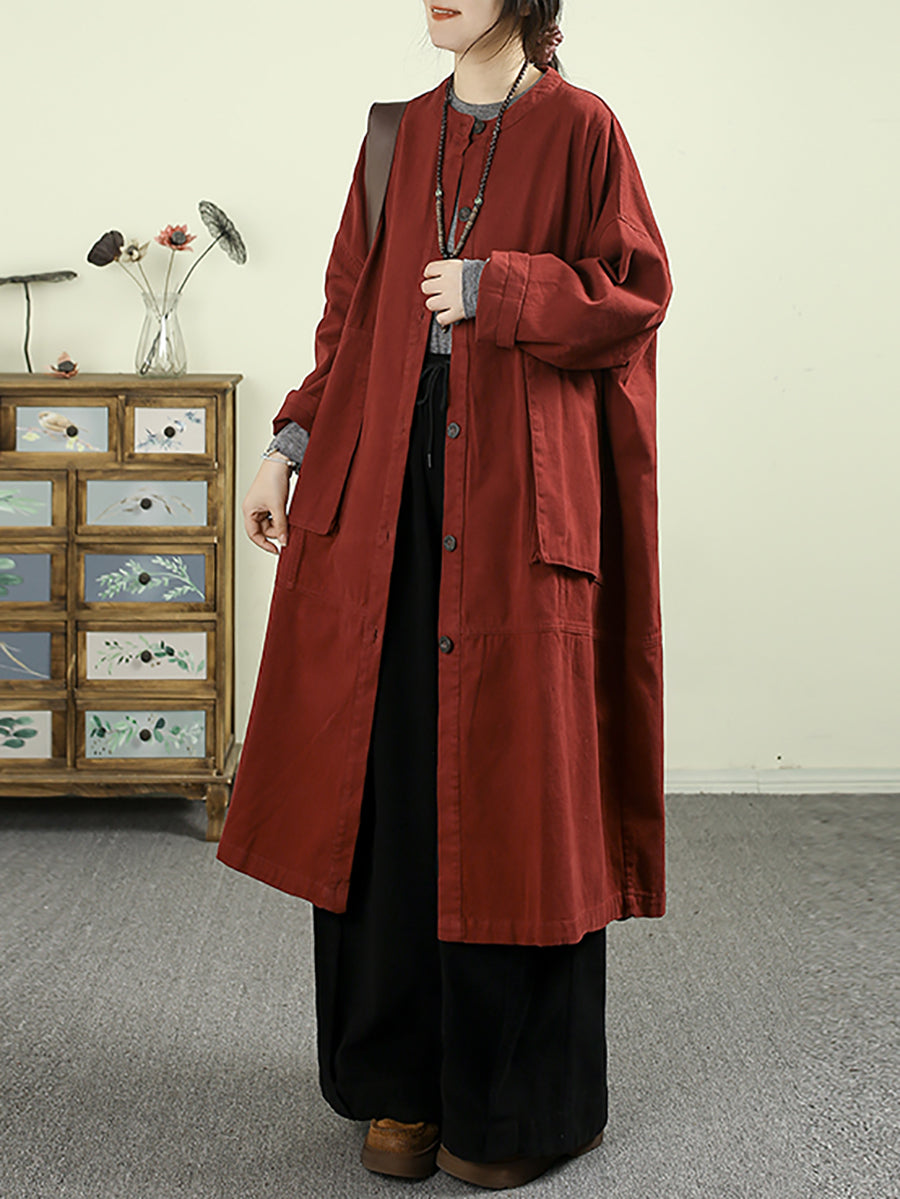 Women Autumn Pure Color O-Neck 100%Cotton Long Coat