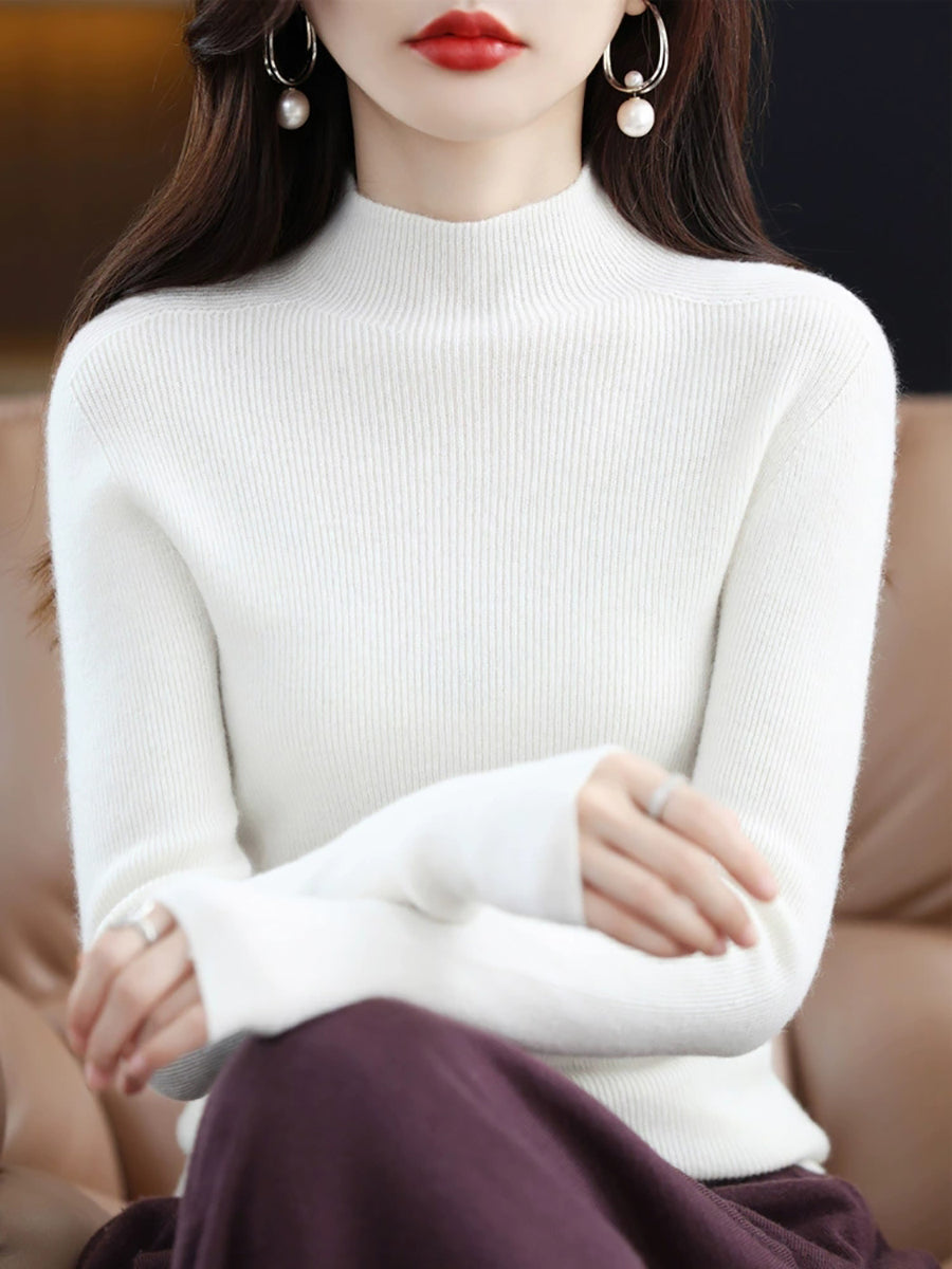 Women Autumn Pure Color Wool Half-Turtleneck Sweater