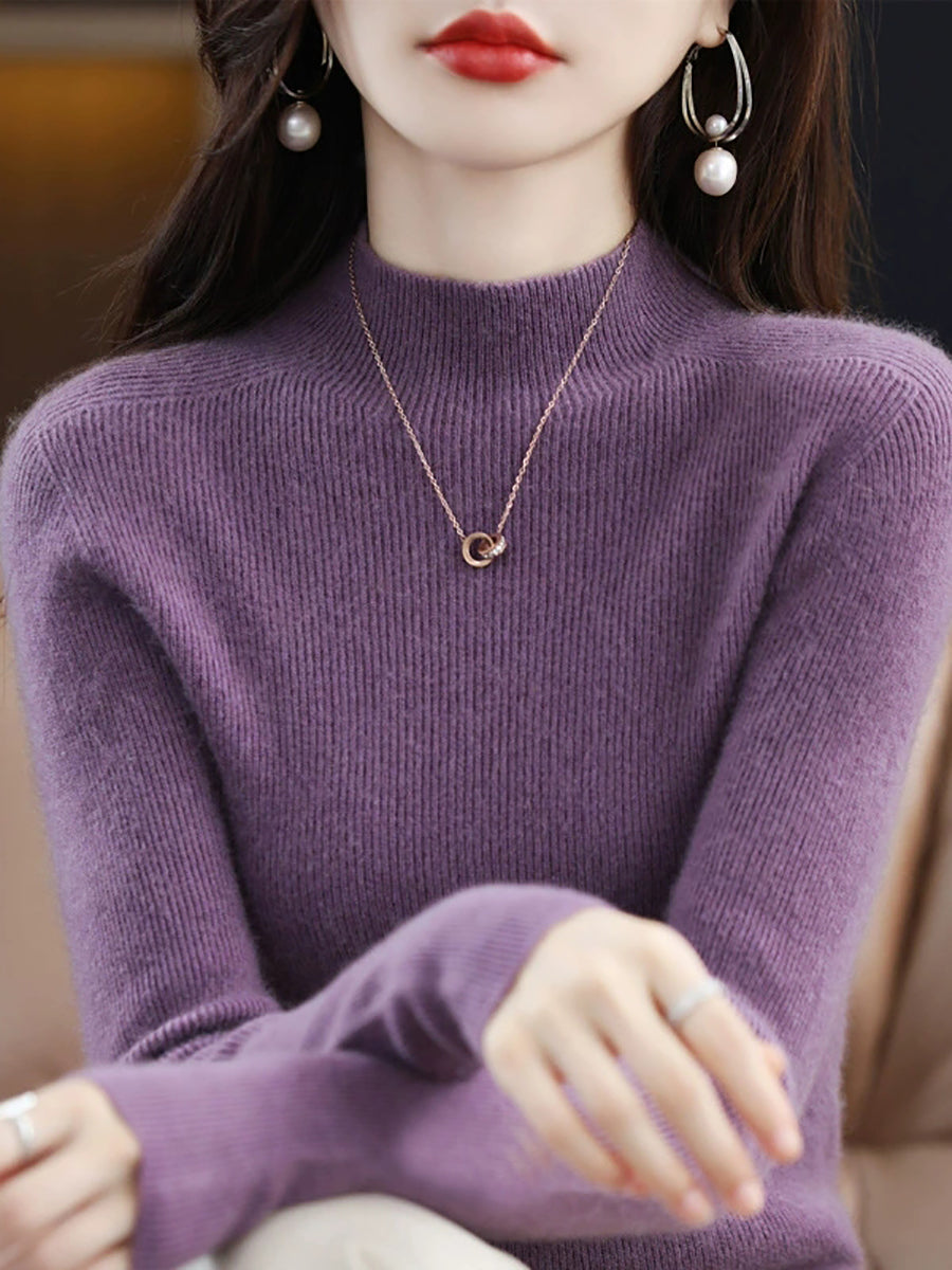 Women Autumn Pure Color Wool Half-Turtleneck Sweater
