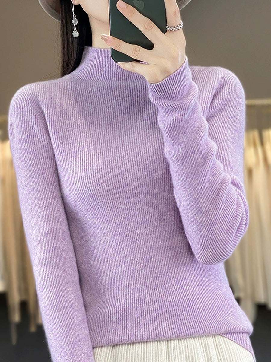 Women Autumn Pure Color Wool Half-Turtleneck Sweater